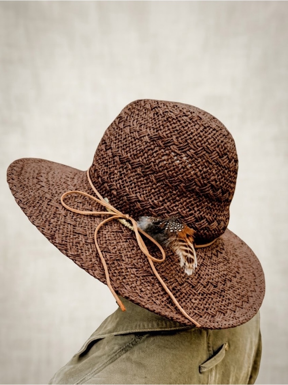 J. Jill Woven Straw Sun Hat Boho Feather Suede Band Adjustable OS